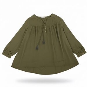 DR2  Daniel Rainn Plus Size Rolled Sleeve Tassel Neck Blouse Olive Green 3X NWT